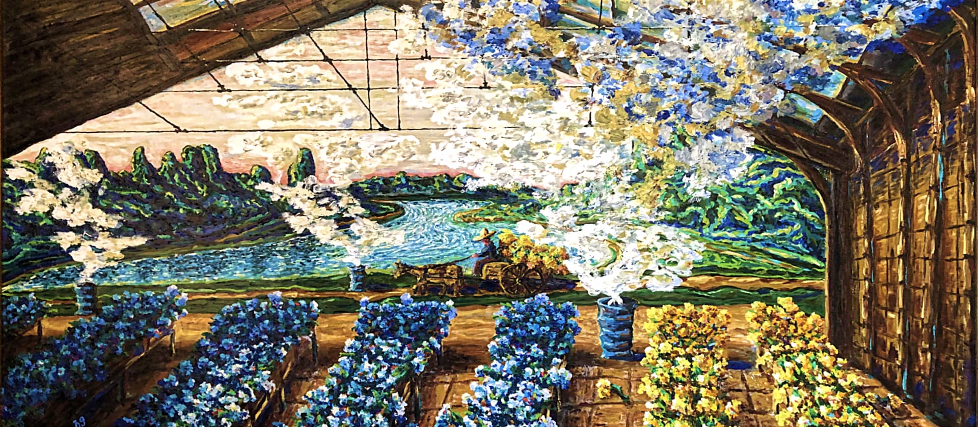 A vivid painting of a daffodil hothouse, displayed on Biesecker Art’s public website.